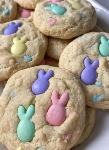 Colorful Easter M&M cookies with seasonal decorations