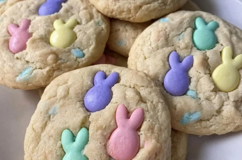 Colorful Easter M&M cookies with seasonal decorations