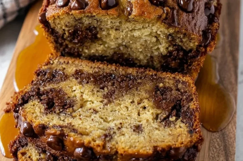 Loaf of easy chocolate chip banana bread with chocolate chips and bananas