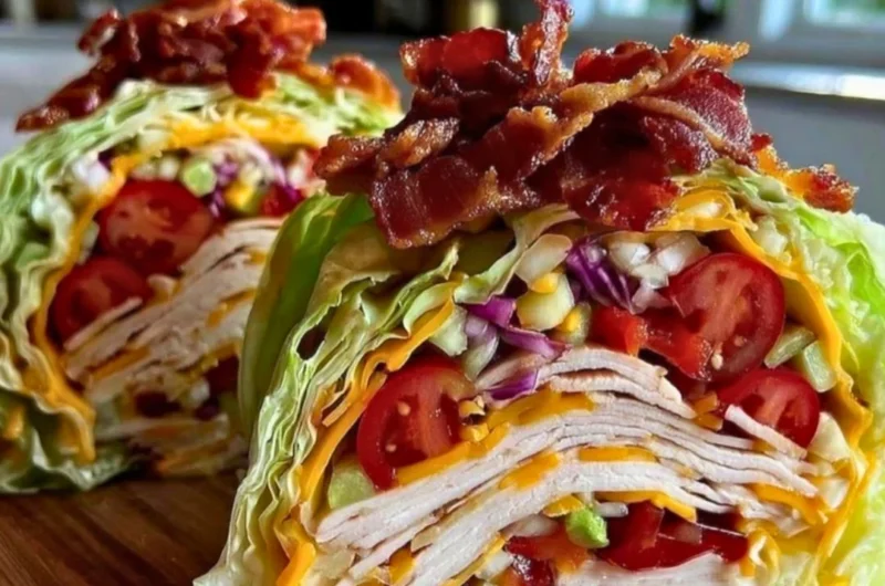 Fresh Keto Turkey Club lettuce wraps filled with turkey, bacon, and veggies