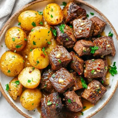 Juicy garlic steak bites served with crispy roasted potatoes