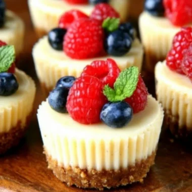 Gluten-free mini cheesecakes topped with fresh berries on a white plate