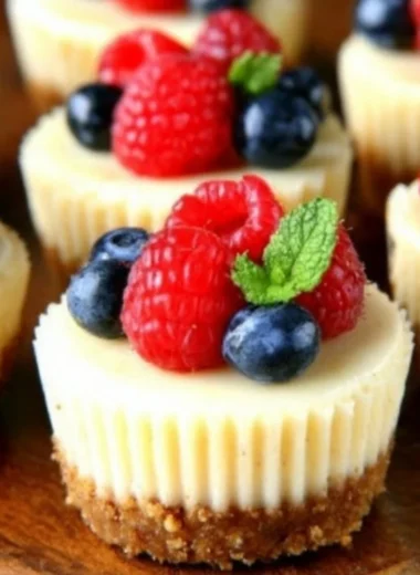 Gluten-free mini cheesecakes topped with fresh berries on a white plate