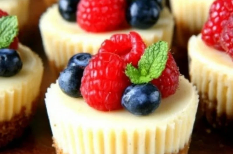 Gluten-free mini cheesecakes topped with fresh berries on a white plate