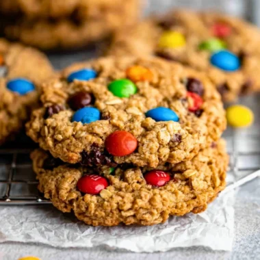 Gluten free monster cookies with oats, chocolate chips, and colorful candies