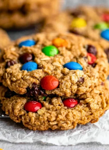Gluten free monster cookies with oats, chocolate chips, and colorful candies