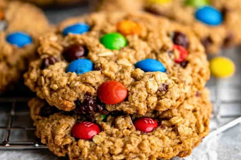Gluten free monster cookies with oats, chocolate chips, and colorful candies