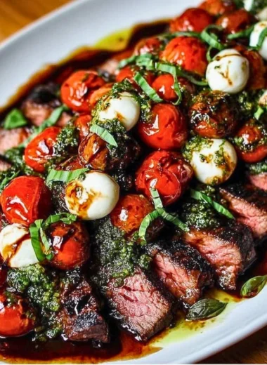 Grilled flank steak caprese topped with fresh mozzarella, tomatoes, and basil.