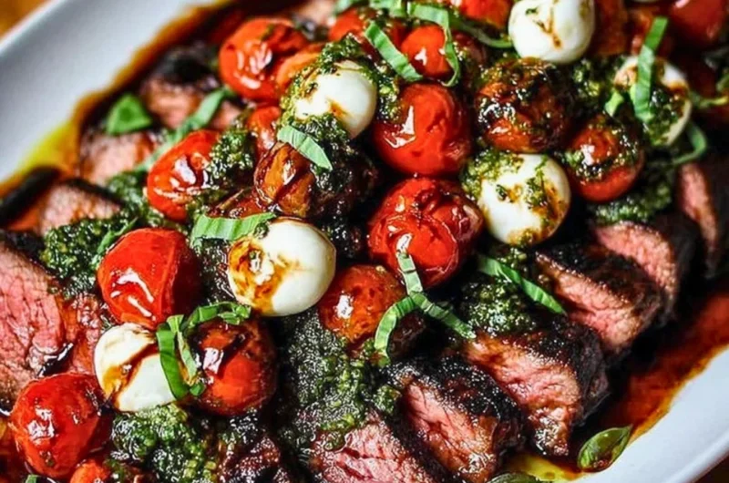 Grilled flank steak caprese topped with fresh mozzarella, tomatoes, and basil.