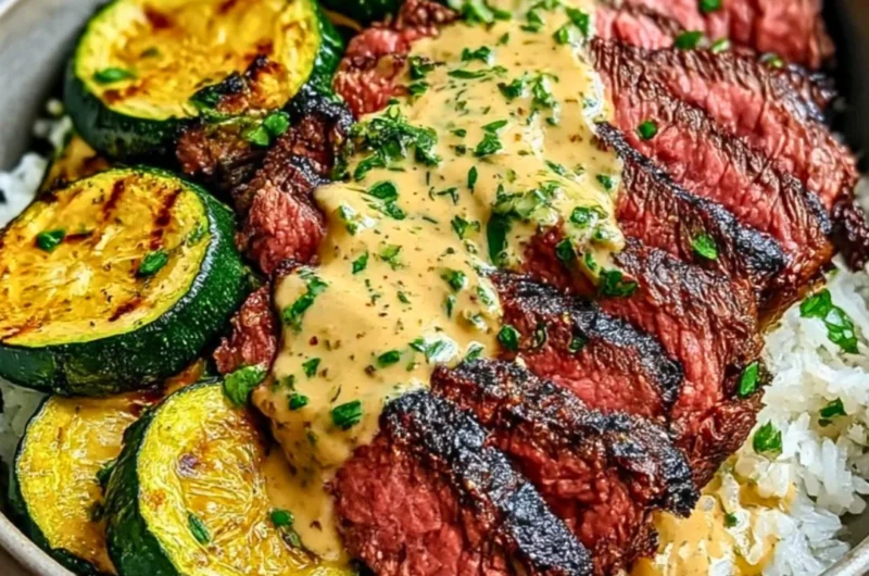 Delicious grilled steak bowl with sauce and grilled zucchini served in a bowl