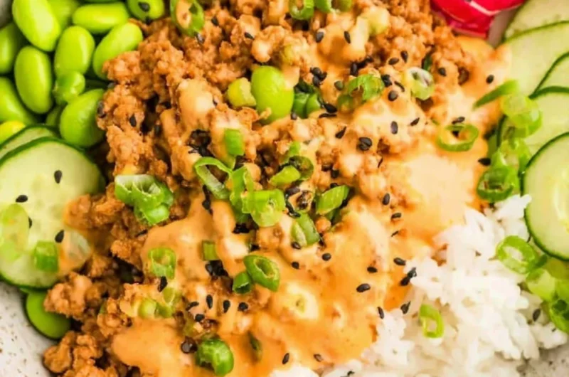 Ground Turkey Rice Bowls topped with spicy Bang Bang Sauce