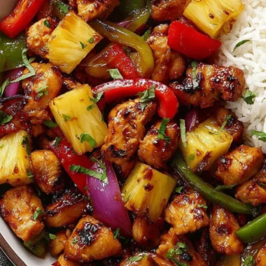 Hawaiian Chicken Sheet Pan Dinner with colorful vegetables