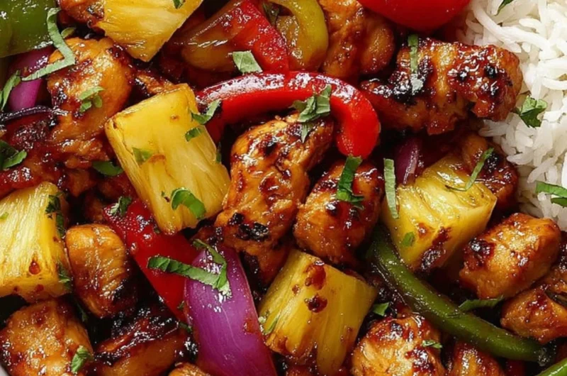 Hawaiian Chicken Sheet Pan Dinner with colorful vegetables