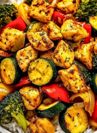 Healthy chicken skillet with seasoned vegetables ready to serve.