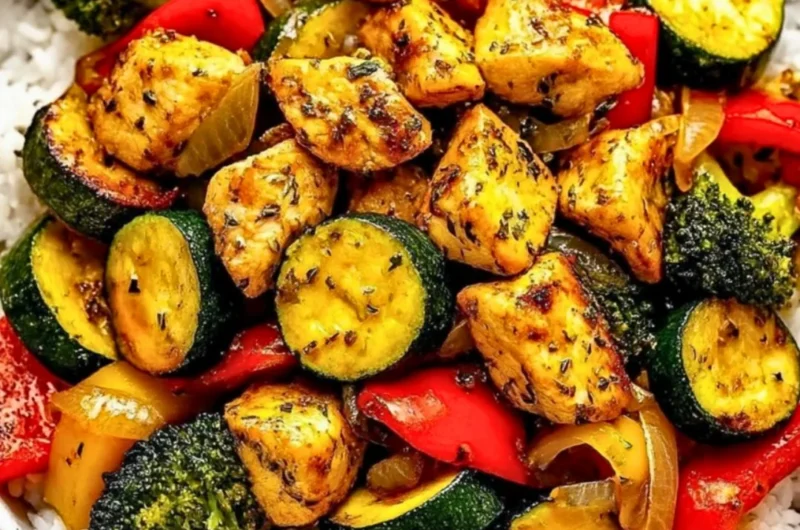 Healthy chicken skillet with seasoned vegetables ready to serve.