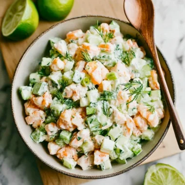 Healthy cucumber shrimp salad with fresh vegetables and a zesty dressing