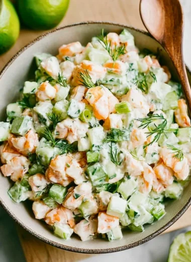 Healthy cucumber shrimp salad with fresh vegetables and a zesty dressing