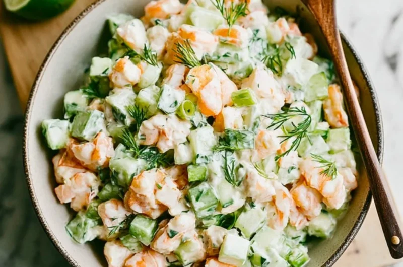Healthy cucumber shrimp salad with fresh vegetables and a zesty dressing