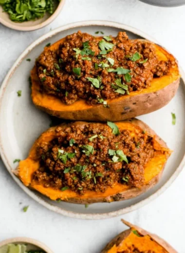 Plate of healthy sloppy joes made with lean turkey and veggies.
