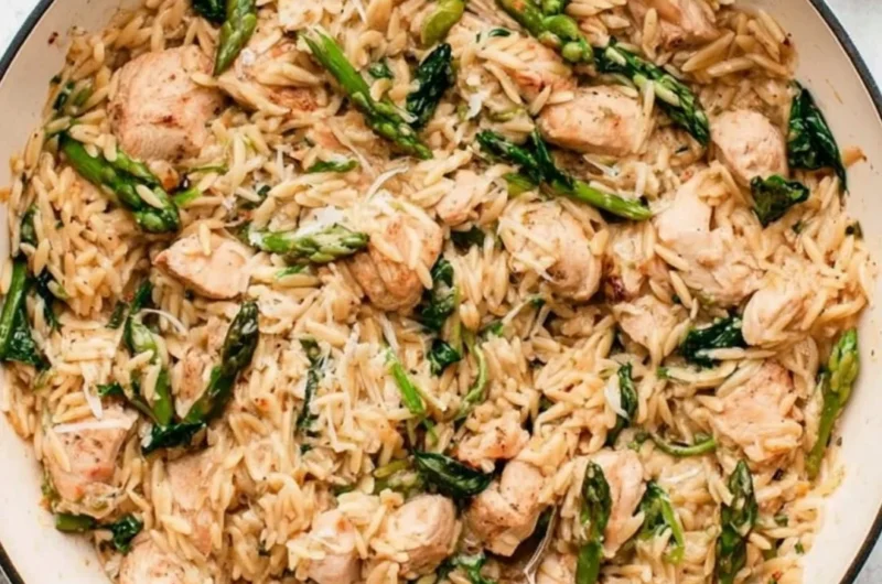 High protein chicken orzo served in a bowl with fresh herbs and vegetables