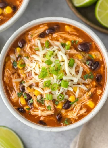High Protein Chicken Taco Soup served in a bowl with toppings