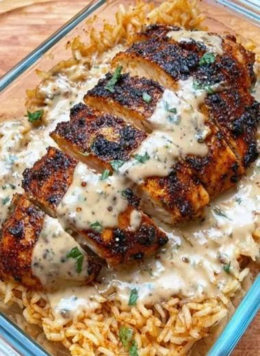 High protein creamy Cajun chicken served with rice