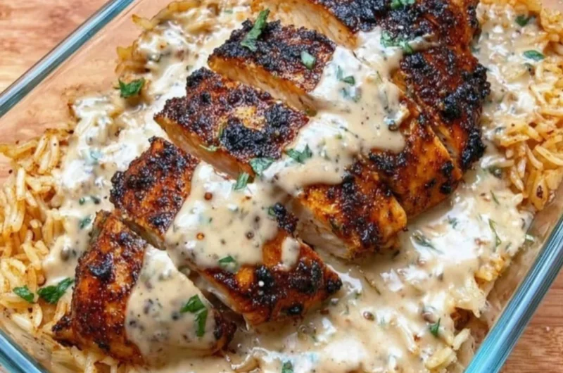 High protein creamy Cajun chicken served with rice