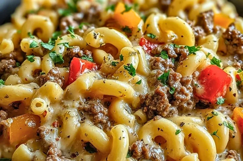High-Protein Creamy Philly Cheesesteak Mac & Cheese dish served in a bowl