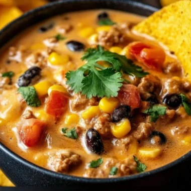 Bowl of high protein creamy taco soup garnished with fresh herbs