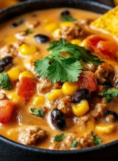Bowl of high protein creamy taco soup garnished with fresh herbs