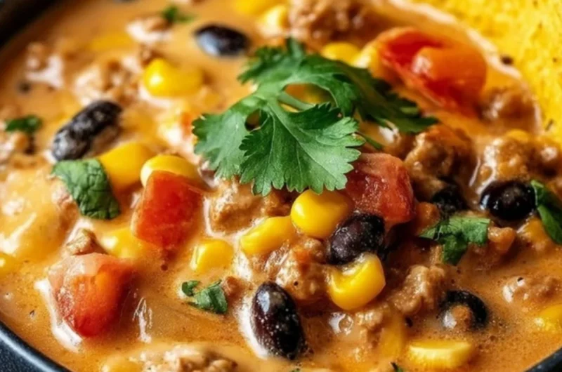 Bowl of high protein creamy taco soup garnished with fresh herbs