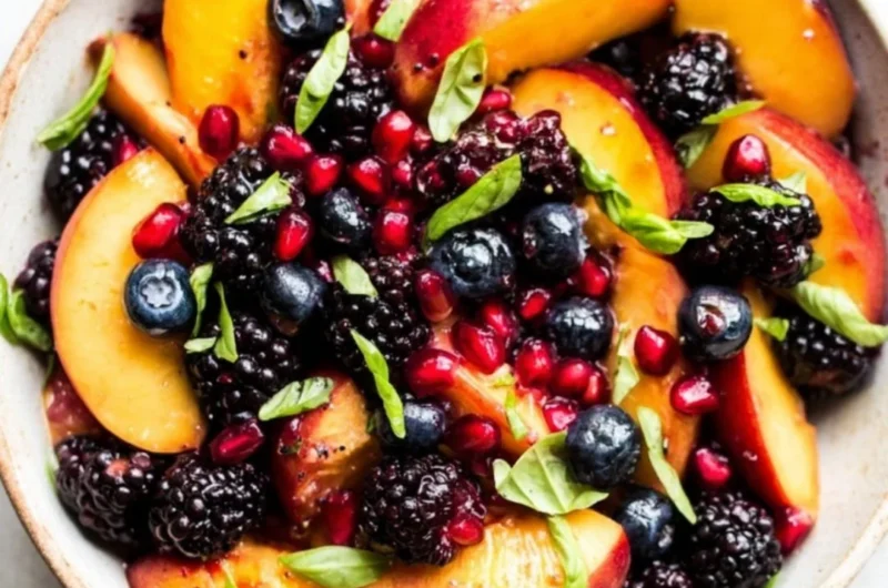Delicious honey lime basil peach fruit salad with vibrant ingredients