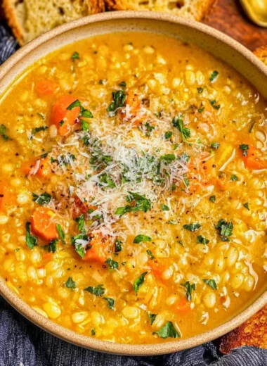 A bowl of Italian Penicillin Soup garnished with herbs and served with crusty bread.