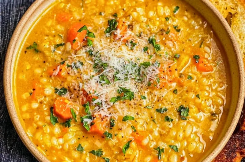 A bowl of Italian Penicillin Soup garnished with herbs and served with crusty bread.