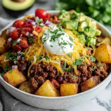 Delicious Loaded Potato Taco Bowl with toppings and ingredients