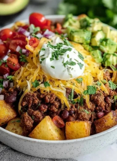 Delicious Loaded Potato Taco Bowl with toppings and ingredients