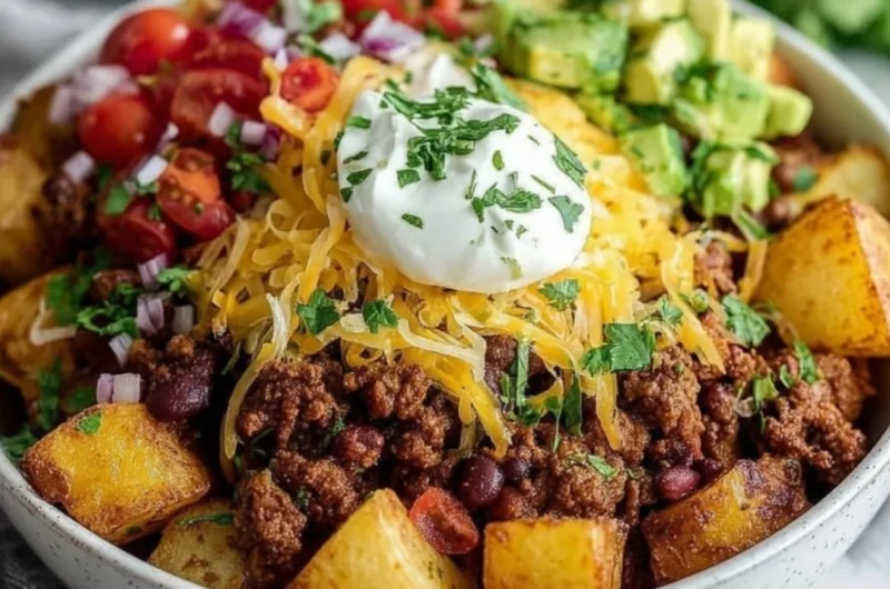 Delicious Loaded Potato Taco Bowl with toppings and ingredients