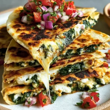Delicious Mediterranean Quesadillas filled with vegetables and cheese on a plate.