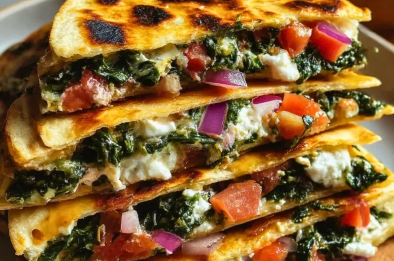 Mediterranean quesadillas with spinach, feta, mozzarella, and red onion on a plate