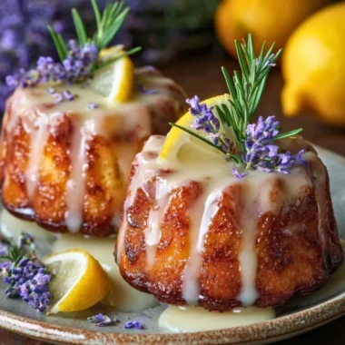 Mini lemon cakes topped with lavender glaze, a delicious and elegant dessert.
