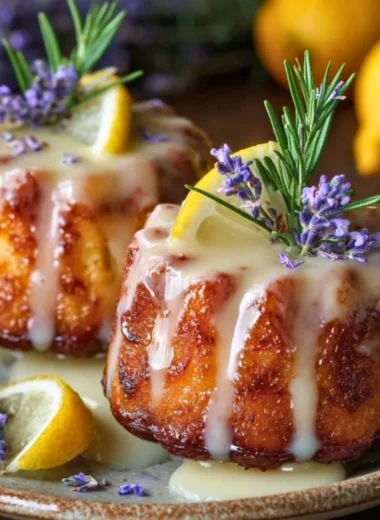 Mini lemon cakes topped with lavender glaze, a delicious and elegant dessert.