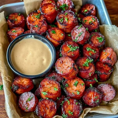 Mustard Hasselback Kielbasa Bites served on a platter.