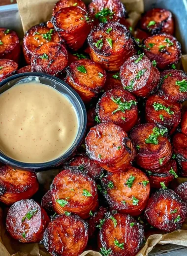 Mustard Hasselback Kielbasa Bites served on a platter.