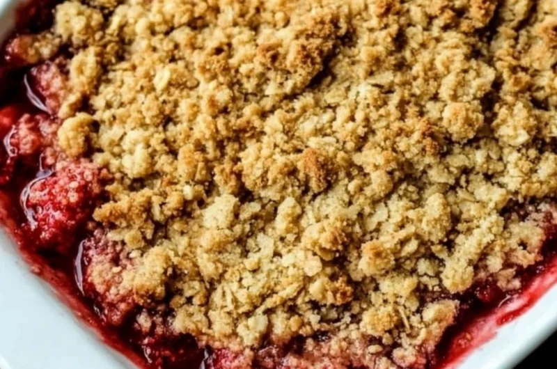 Delicious old-fashioned strawberry rhubarb crisp dessert with a golden topping