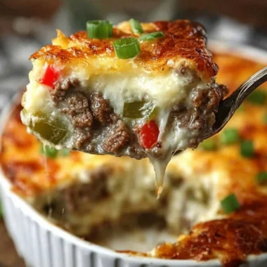 Savory Philly Cheesesteak Casserole topped with melted cheese and peppers