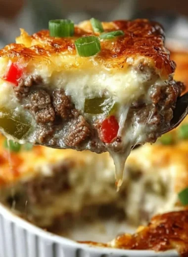 Savory Philly Cheesesteak Casserole topped with melted cheese and peppers