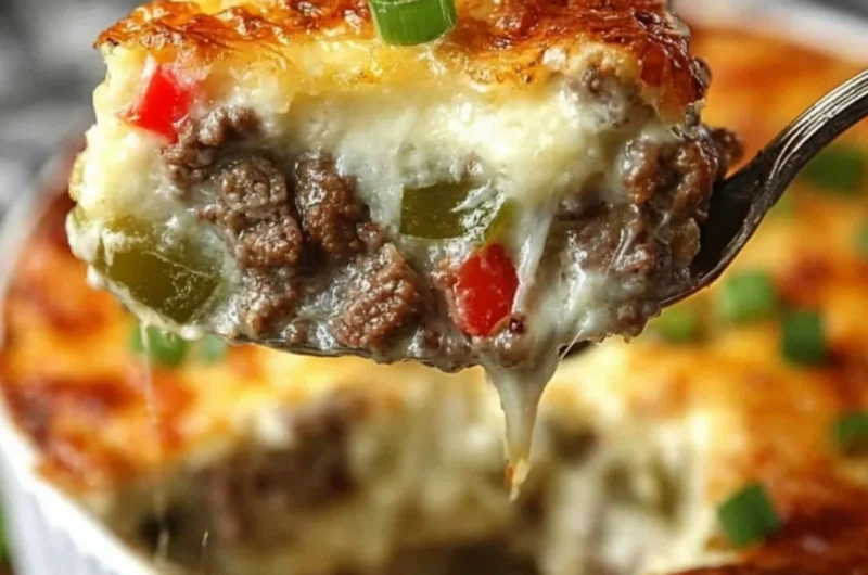 Savory Philly Cheesesteak Casserole topped with melted cheese and peppers