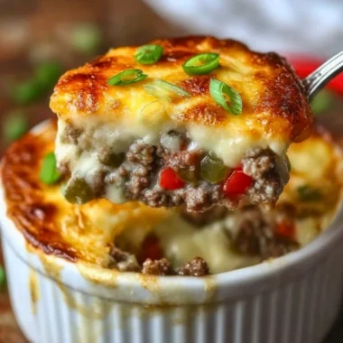 Delicious Philly cheesesteak skillet topped with melted cheese and peppers