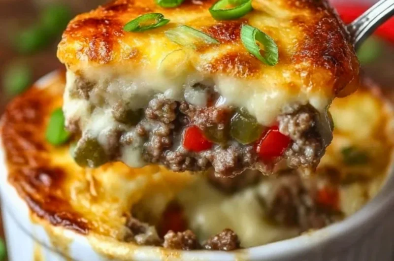 Delicious Philly cheesesteak skillet topped with melted cheese and peppers
