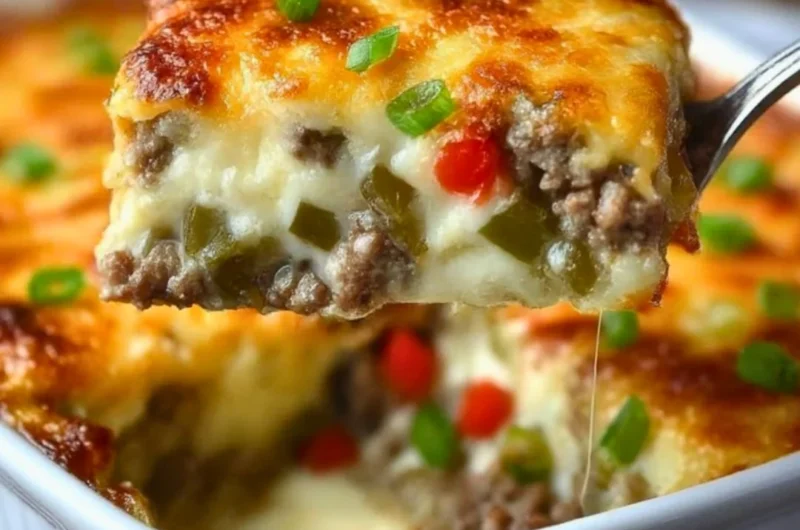 Philly Cheesesteak Stir-Fry with beef, peppers, and onions in a skillet.
